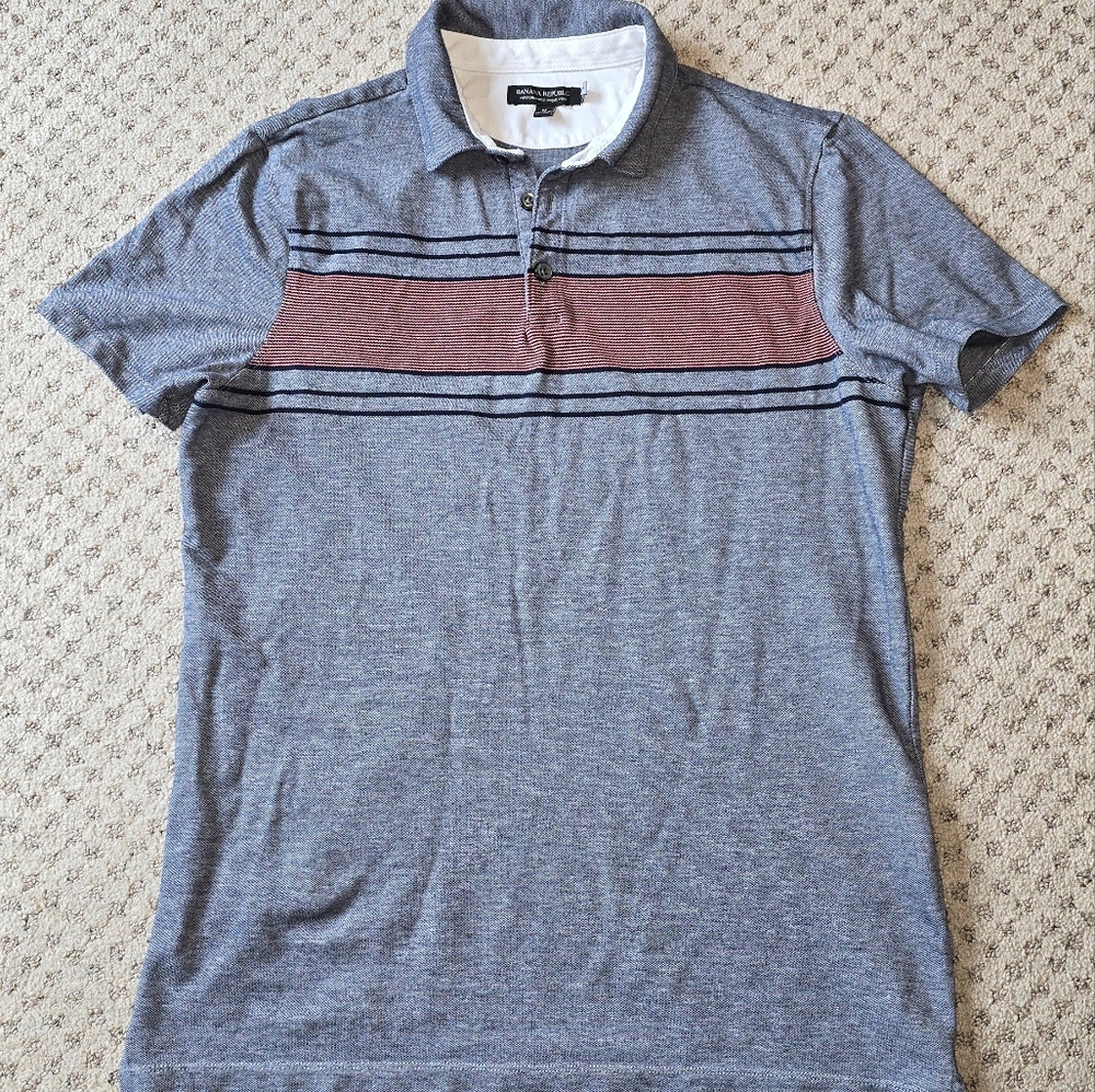 Banana Republic Heather Blue Polo with Red Chest Stripe